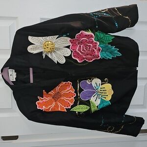 Russell Kemp Black Jacket with Colorful Floral Designs Size See Measurements